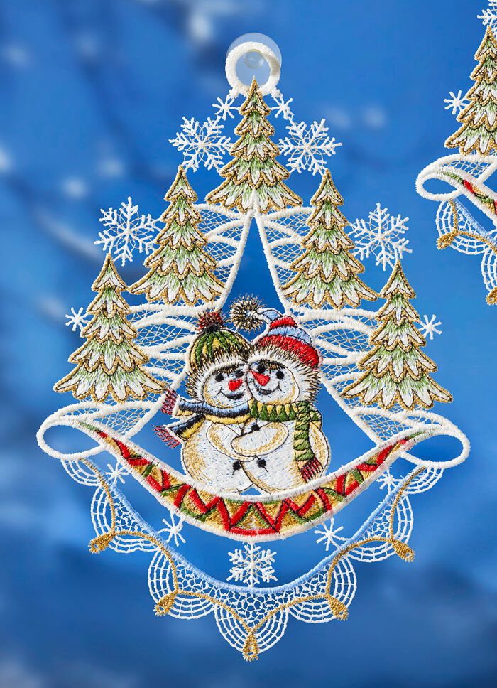 Fensterbilder Schneem&auml;nner aus echter Plauener Spitze BUNT