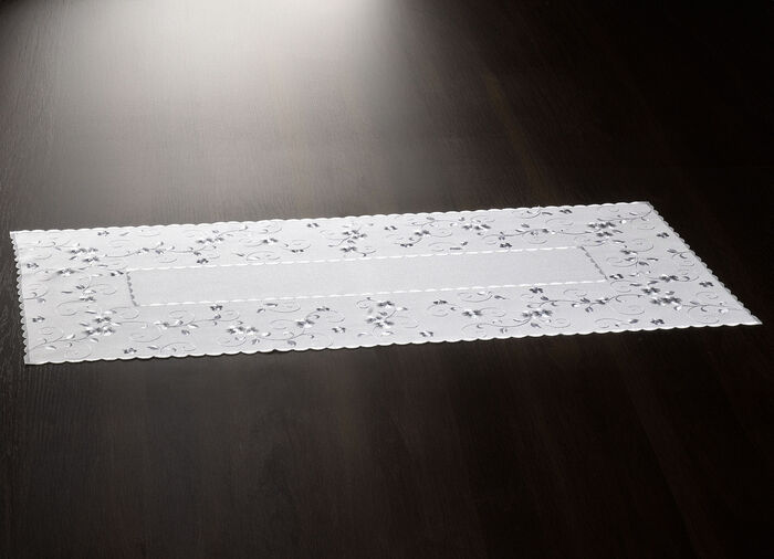 Bestickte Tisch- und Raumdekoration mit Blümchen-Bordüre WOLLWEISS-GRAU