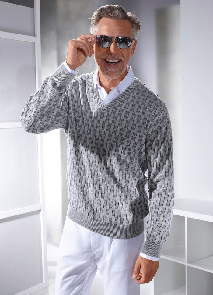 V-Pullover mit Strukturmuster in 3 Farben 