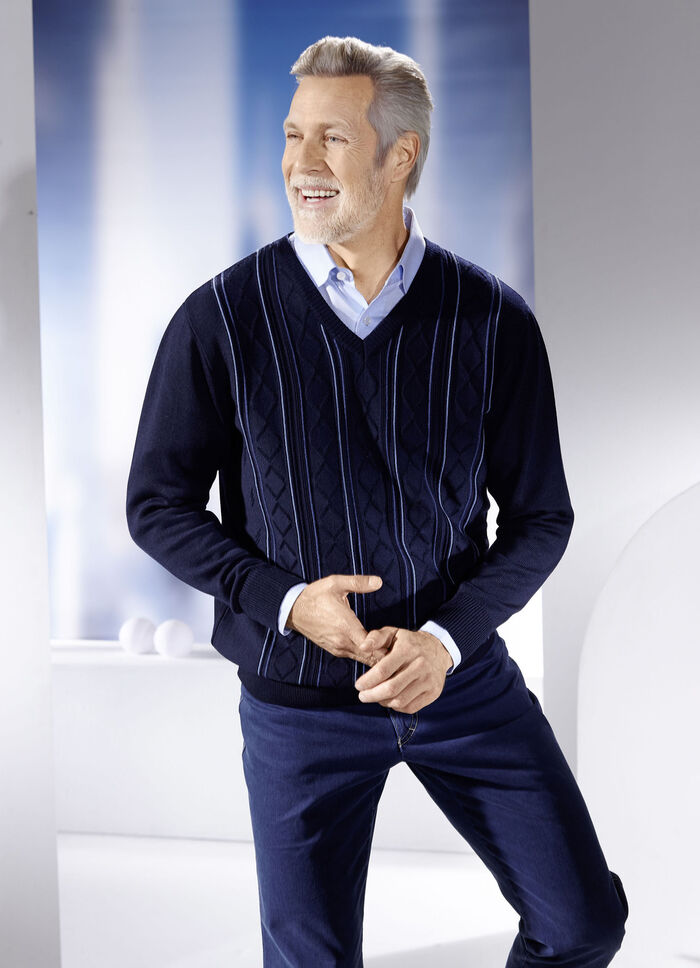V-Pullover mit Strukturdessin in 3 Farben MARINE