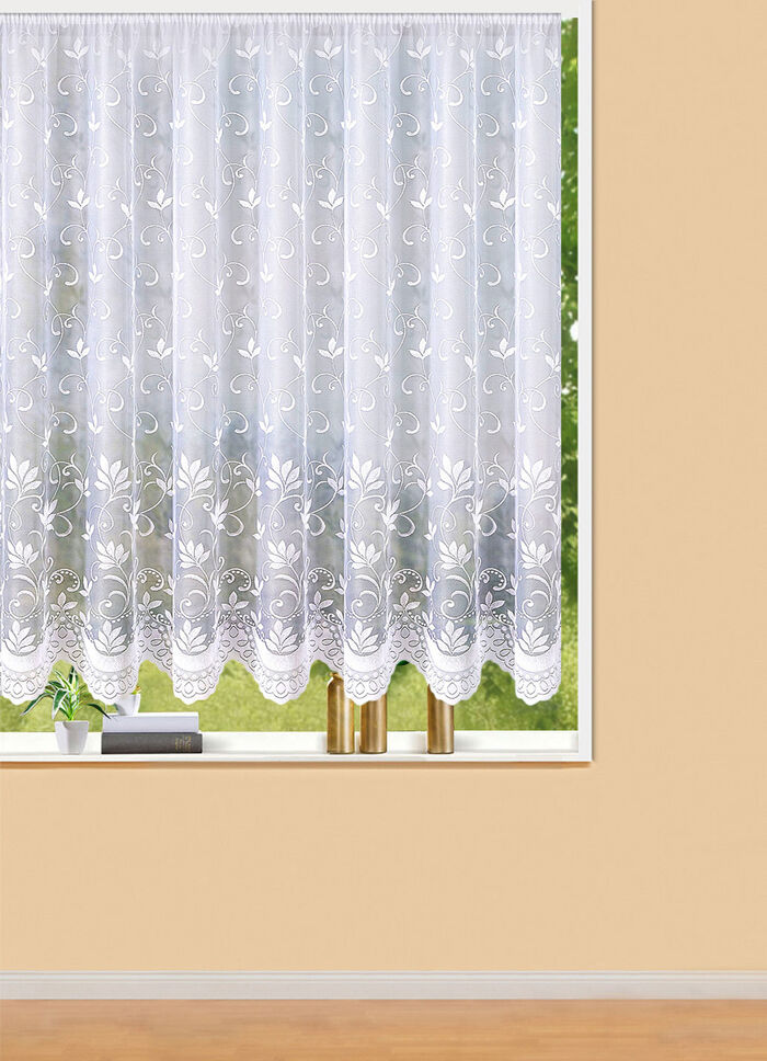 Filigraner Blumenfenster-Store mit gebogten Abschlüssen 