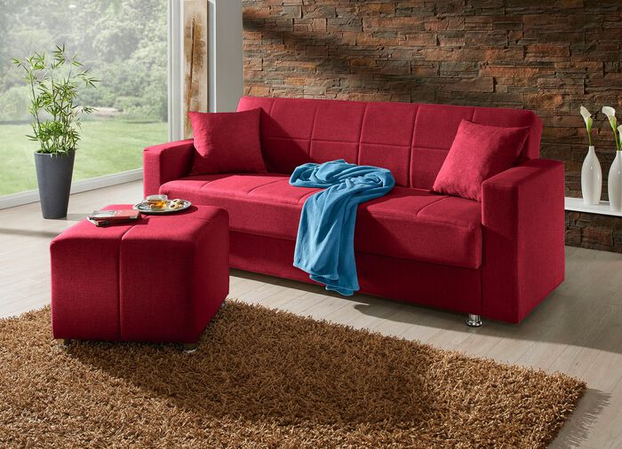 Klick-Klack-Sofa mit Hocker und Dekokissen 