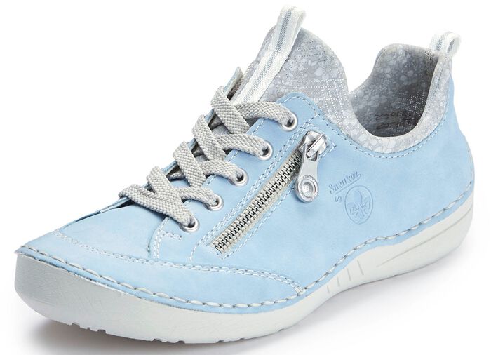 Rieker Schn&uuml;rschuh aus floral bedrucktem Textilmaterial mit Metallicschimmer HELLBLAU-GRAU
