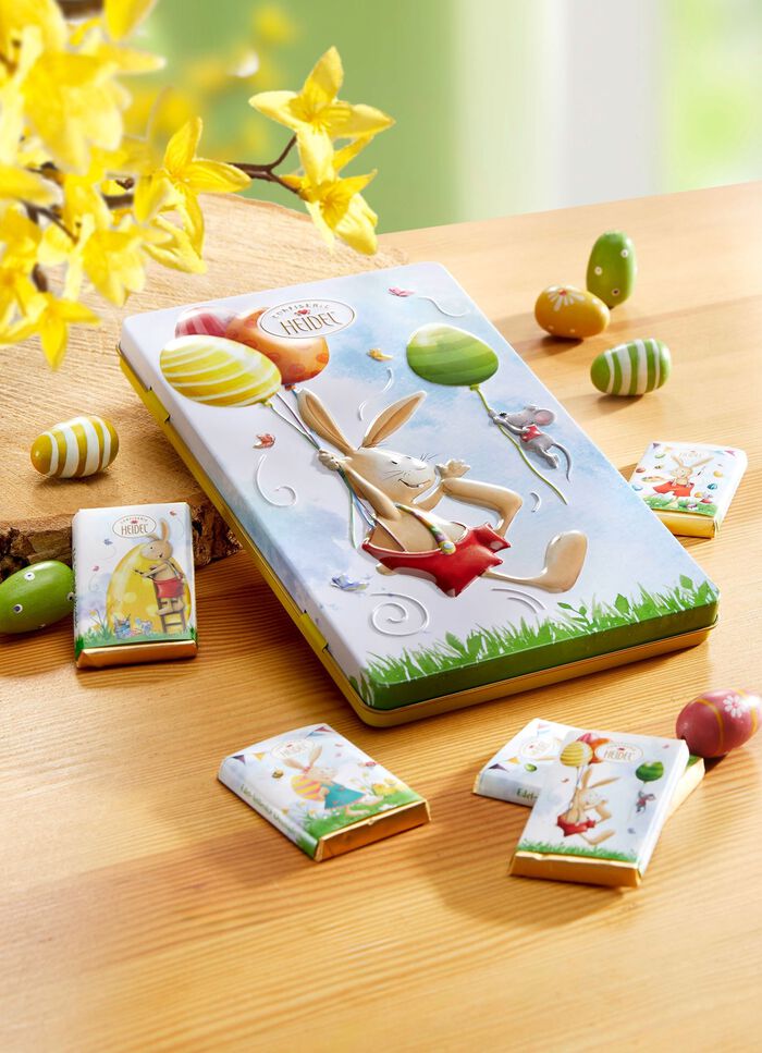 Schmuckdose Ostergr&uuml;&szlig;e mit feinster Edel-Vollmilchschokolade 