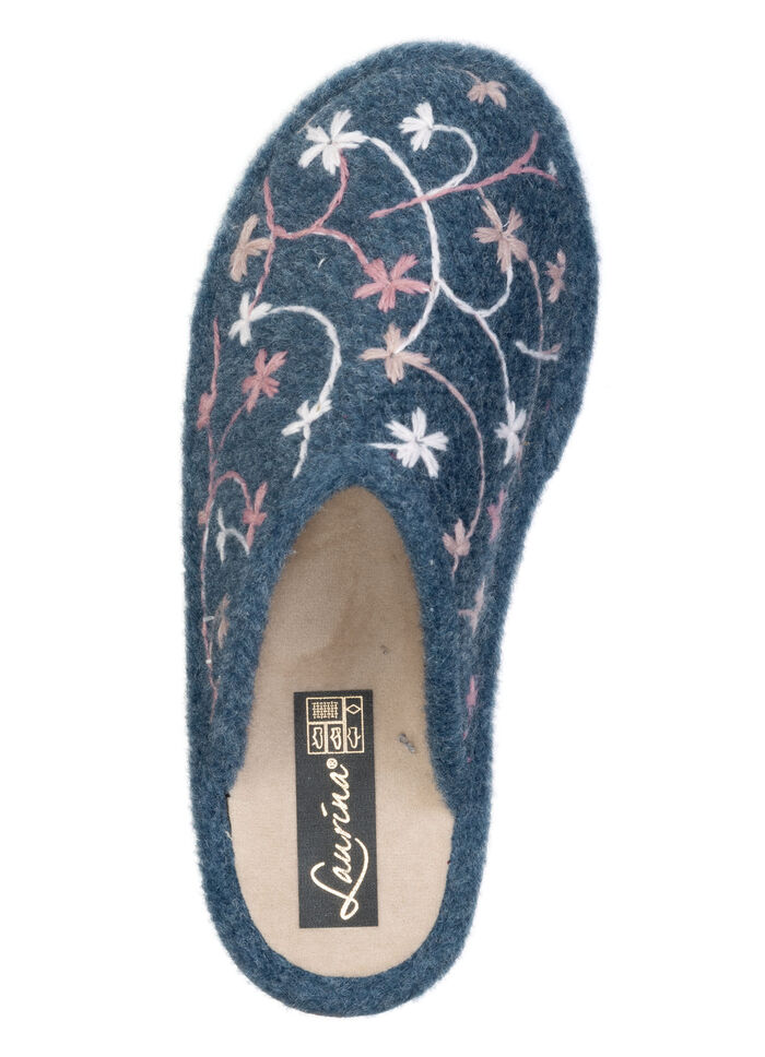 Laurina, leichte Damen-Hausschuhe, mit bunter Blüten-Stickerei BLAU
