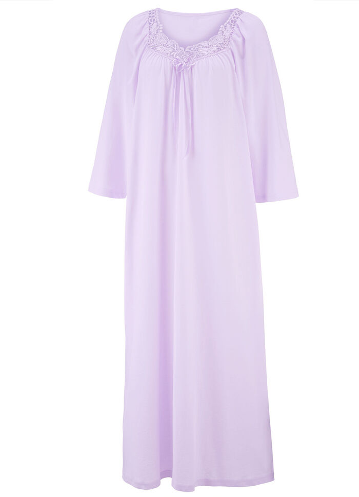 Nachthemd, kn&ouml;chellang und Stickereispitze  FLIEDER