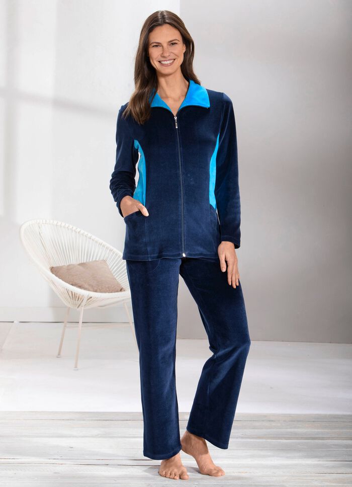 Hausanzug mit kontrastfarbenen Eins&auml;tzen 