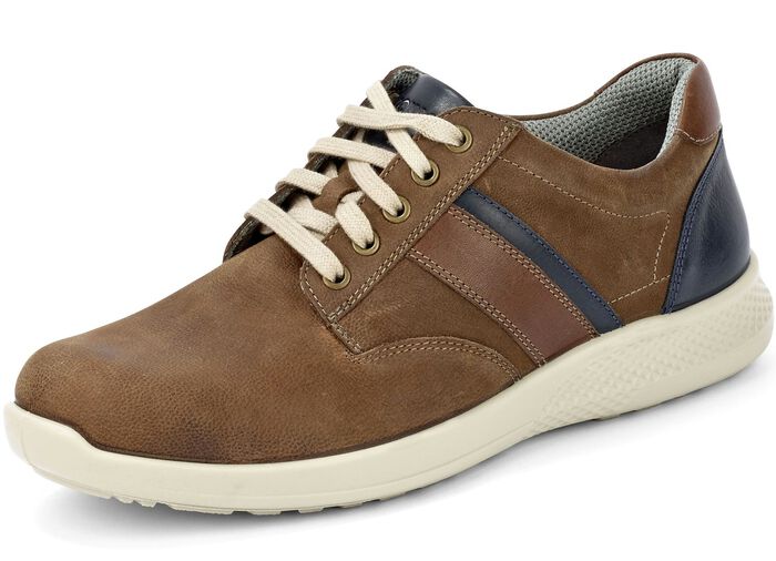 Schn&uuml;rschuh aus Rind-Nubukleder mit Nappaleder-Bes&auml;tzen COGNAC-MARINE