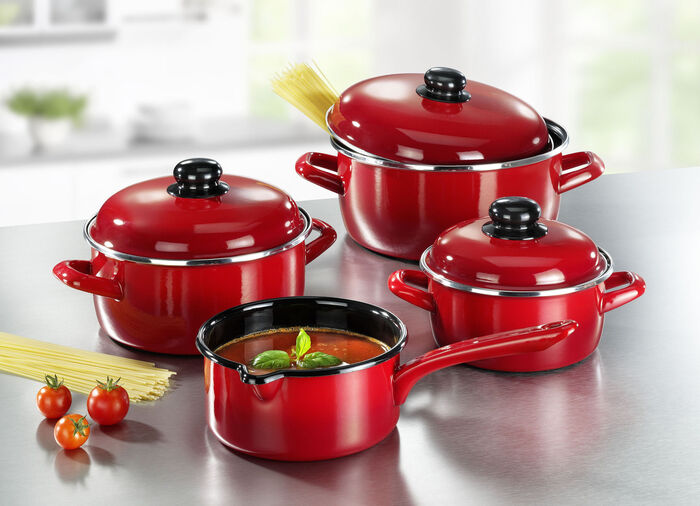 Topf-Set, 7-teilig, aus widerstandsfähigem Stahl-Emaille von GSW ROT