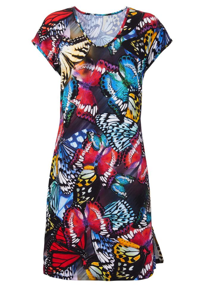 Kleid mit farbbrillantem Druckdessin und &uuml;berschnittenen &Auml;rmeln 