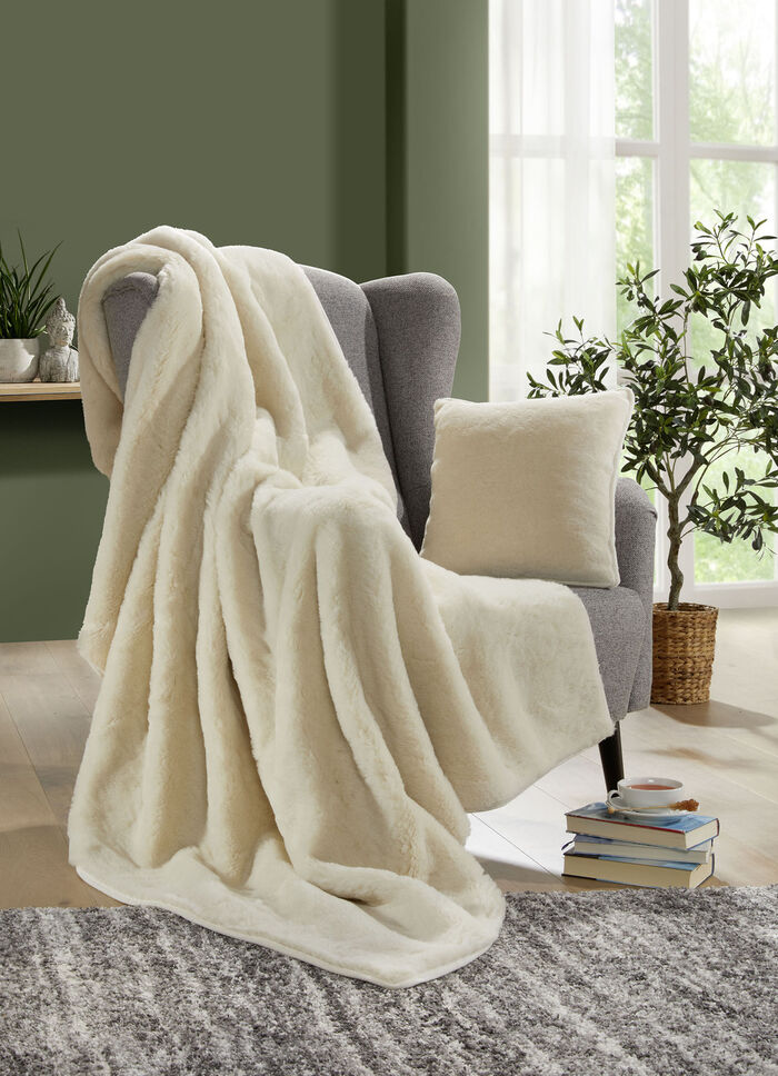 Webpelzdecke und Kissenbezug aus Alpakawolle NATUR