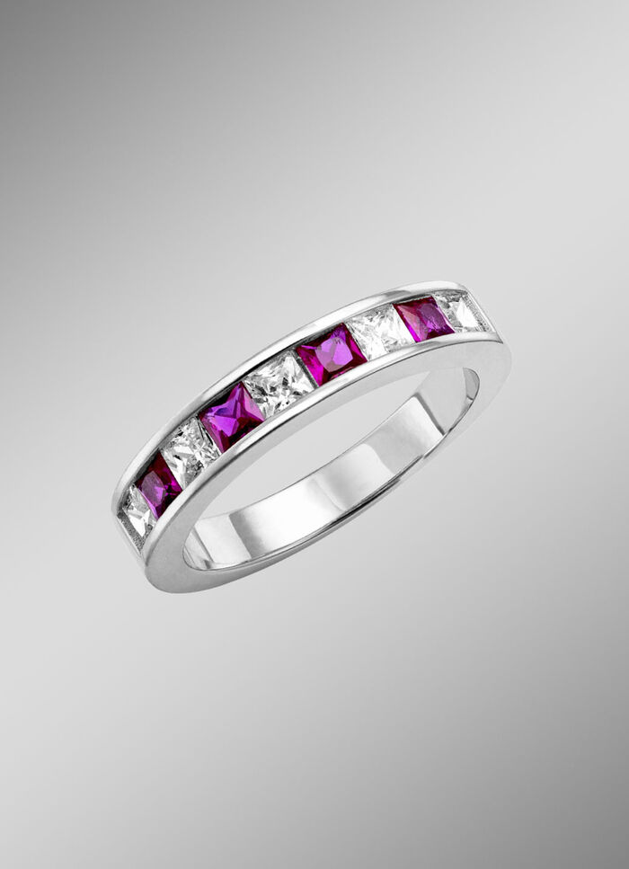 Strahlende Eleganz: Damenring mit synth. Zirkonia und Glassteinen RUBINROT