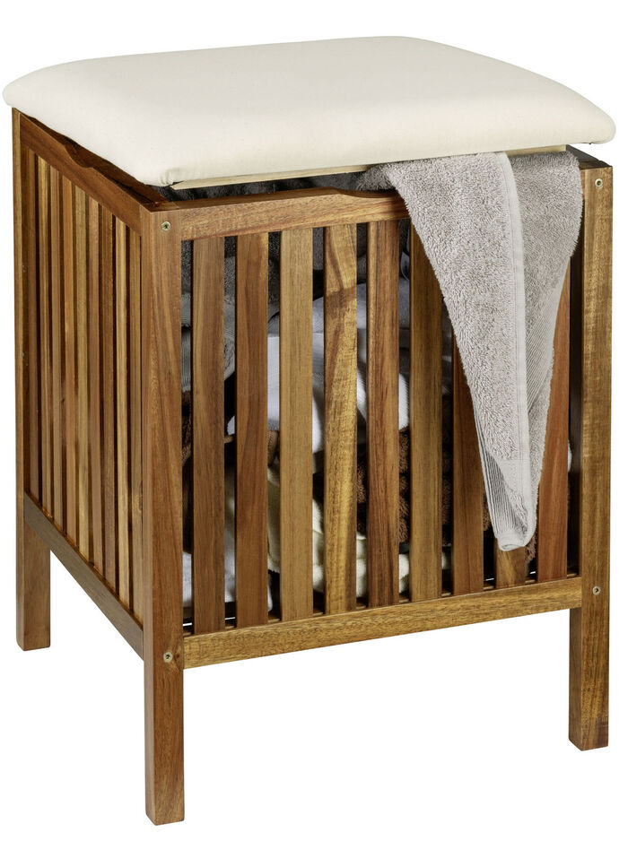 Massiver Badhocker aus Akazienholz mit W&auml;schebeh&auml;lter 