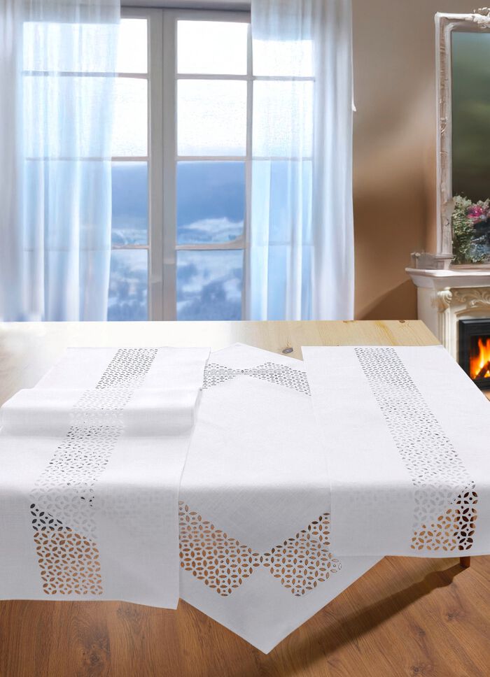 Tischdecke mit dekorativer Lochstanzung WEISS