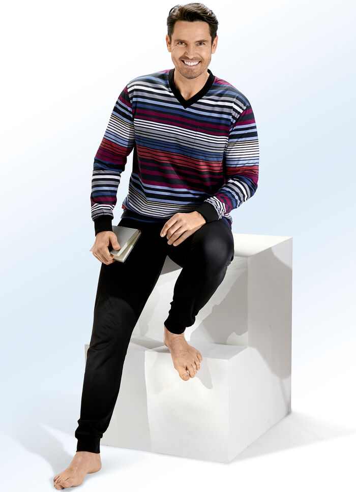 Schlafanzug mit V-Ausschnitt und B&uuml;ndchenabschl&uuml;ssen BEERE-BLAU-SCHWARZ