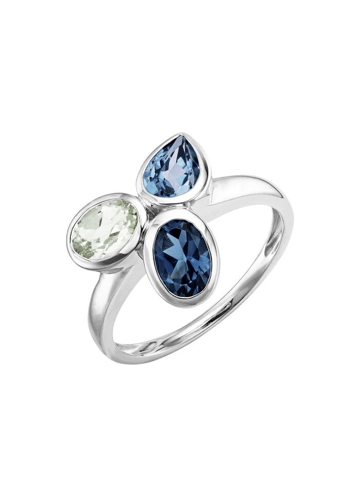 Harmonie der Farben: Damenring mit Blautopasen und grünem Amethyst 