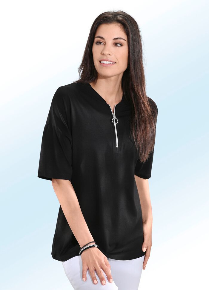 Shirt mit kurzem Reißverschluss in 2 Farben SCHWARZ