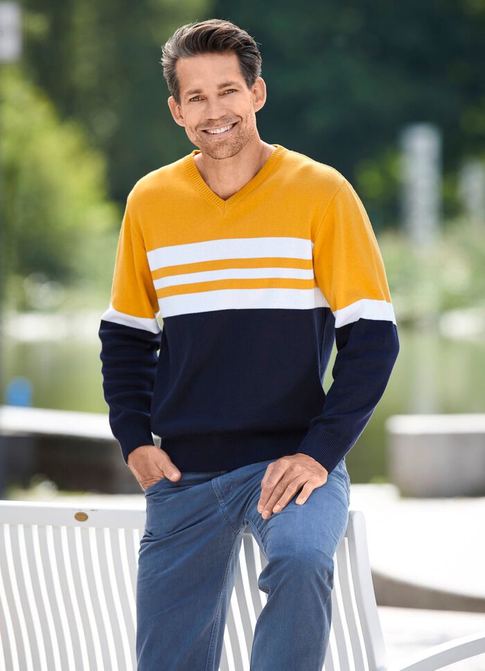 Modischer V-Pullover MARINE-OCKER-WEISS