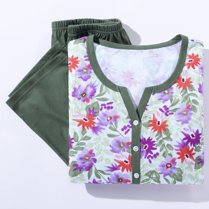 Schlafanzug mit Knopfleiste und 3/4-langen &Auml;rmeln WEISS-OLIV-BUNT