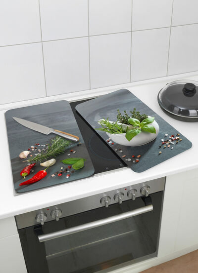 Herdabdeckplatten aus Glas, 2er-Set, Motiv Kräuterküche 