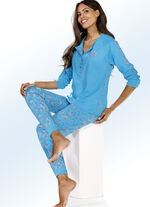 Schlafanzug aus BIO-Baumwolle mit gemustertem Besatz seitlich AZURBLAU-BUNT