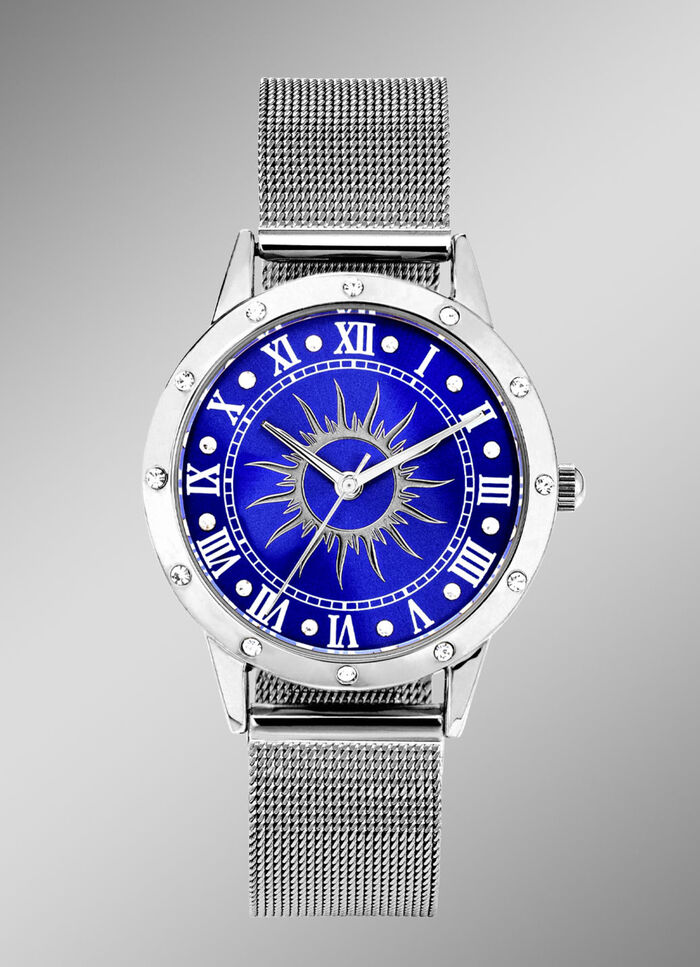 Silberfarbene Damenuhr mit Sonnenmotiv und Kristallakzenten 