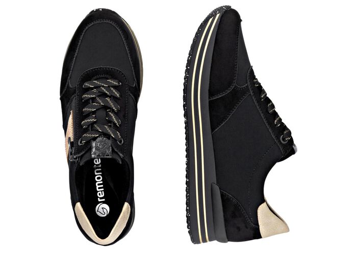 Remonte, trendige Damen-Sneaker, Weite G, mit herausnehmbarem Fu&szlig;bett SCHWARZ-GOLD