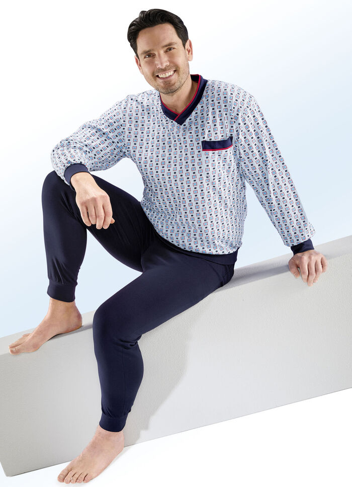 Schlafanzug mit V-Ausschnitt und B&uuml;ndchenabschl&uuml;ssen HELLBLAU-BUNT