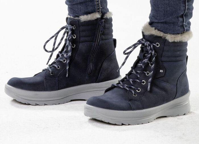 Schn&uuml;r-Bootie aus genarbtem Rind-Nubukleder MARINE