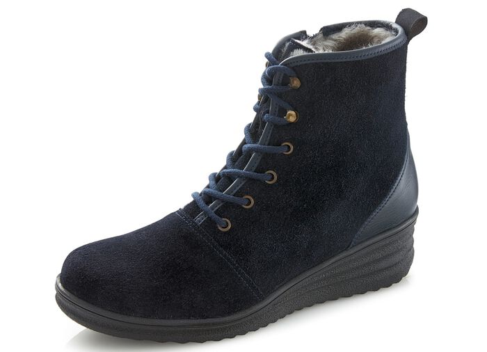 Schn&uuml;r-Stiefelette mit echtem Lammfellfutter DUNKELBLAU