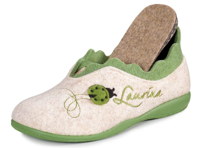 Laurina Filz-Hausschuh mit fantasievoller Stickerei ECRU-GR&Uuml;N