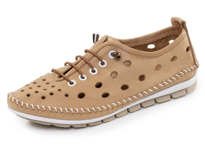 ELENA EDEN, sommerliche Damen-Slipper, Weite G, mit herausnehmbarem Fußbett CAMEL