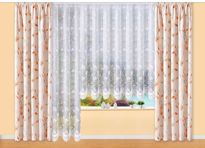 Filigraner Blumenfenster-Store mit gebogten Abschl&uuml;ssen 