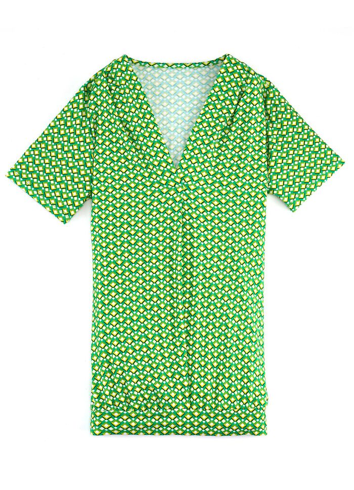 Shirt mit rückwärtiger Smokverarbeitung in 2 Farben GRÜN-GELB-BUNT