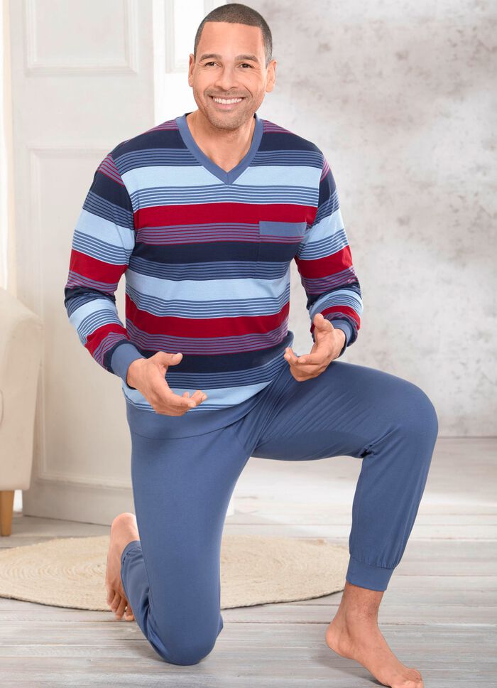 Zweierpack Schlafanz&uuml;ge mit V-Ausschnitt und aufgesetzter Brusttasche in Ringeldessin 