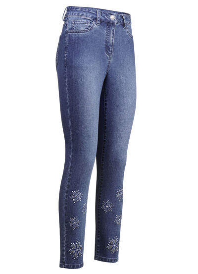 Jeans mit floralen Lochstickereien und Strasssteinchen 