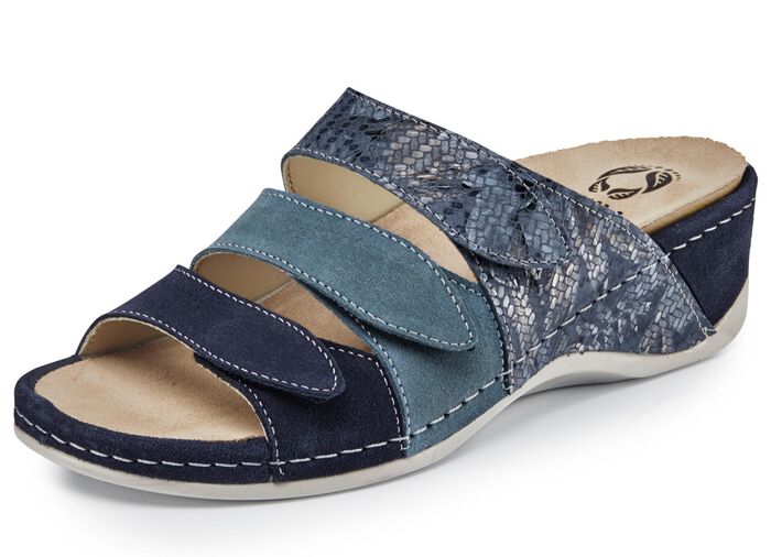 Mubb, bequeme Damen-Pantoletten, Weite H, mit herausnehmbarem Fu&szlig;bett BLAU