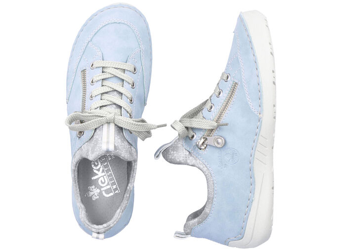 Rieker Schn&uuml;rschuh aus floral bedrucktem Textilmaterial mit Metallicschimmer HELLBLAU-GRAU