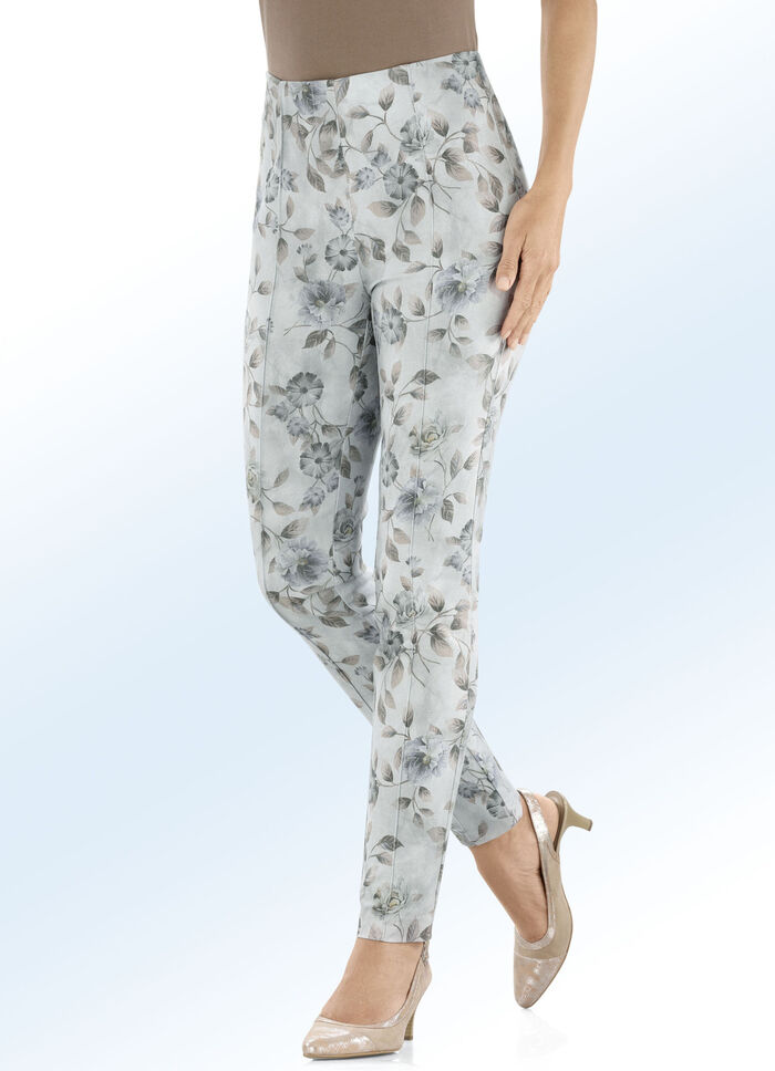 Hose mit farbharmonischer Floraldessinierung BLEU-SAND-GRAU