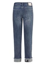 Jeans mit Fransensaum und Schriftzug auf einem Bein 