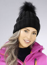 Trendige Damen-Mütze mit breitem Umschlag und Kunstfell-Bommel SCHWARZ