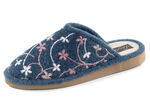 Laurina, leichte Damen-Hausschuhe, mit bunter Blüten-Stickerei BLAU
