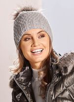 M&uuml;tze mit dezenten Glitzersteinchen und Kunstfell-Bommel 