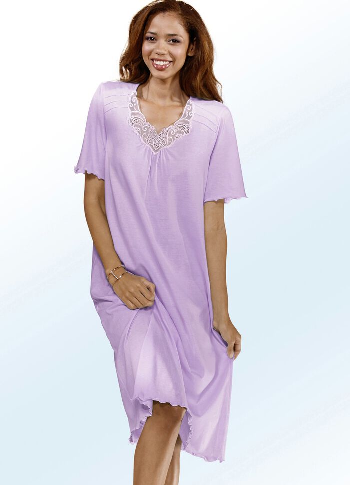 Nachthemd, Kurzarm mit V-Ausschnitt und Spitze FLIEDER