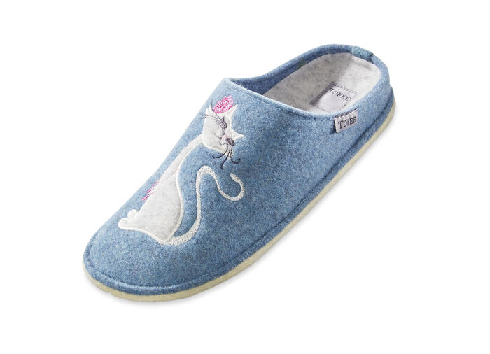 Hausschuh mit farblich abgestimmter Katzen-Applikation JEANSBLAU