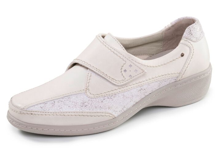 ELENA EDEN, komfortable Damen-Slipper, Weite G, mit herausnehmbarem Fu&szlig;bett ECRU-SILBER