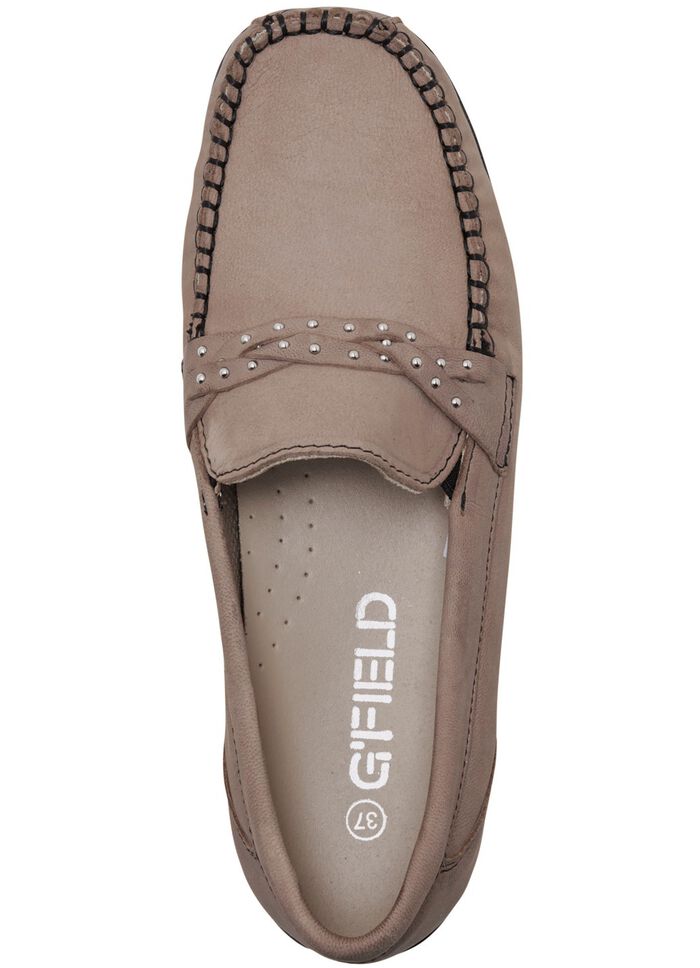 ELENA EDEN, bequeme Damen-Slipper, Weite H, mit herausnehmbarem Fu&szlig;bett TAUPE