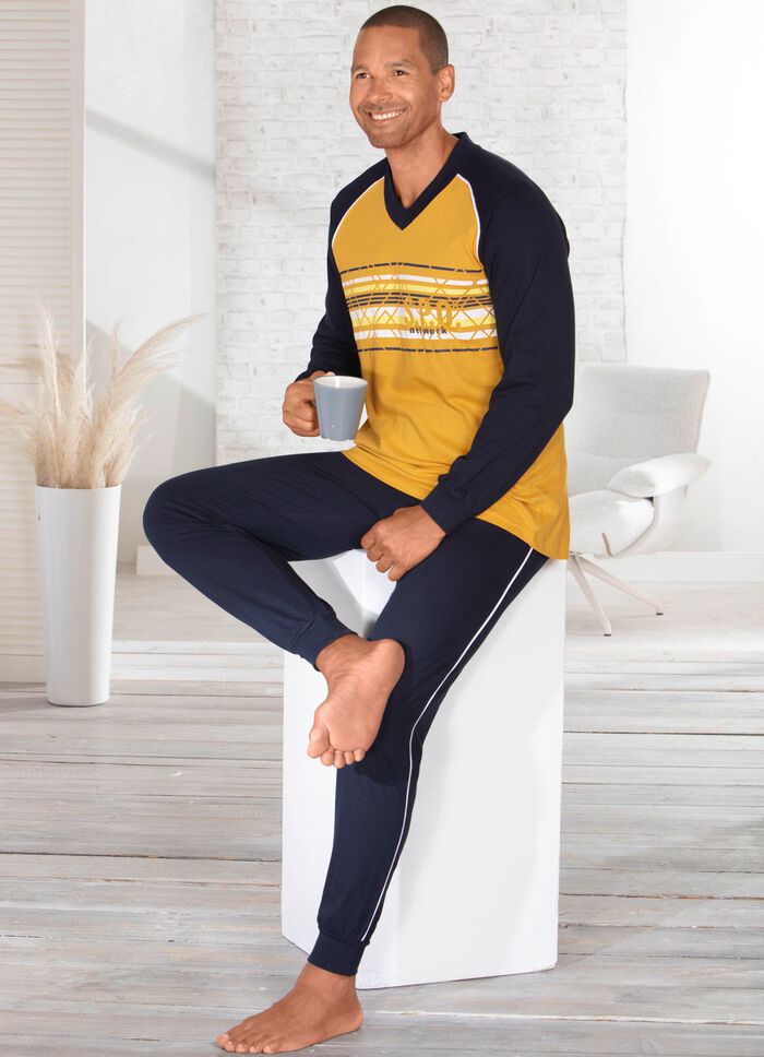 Schlafanzug mit V-Ausschnitt und B&uuml;ndchenabschl&uuml;ssen 