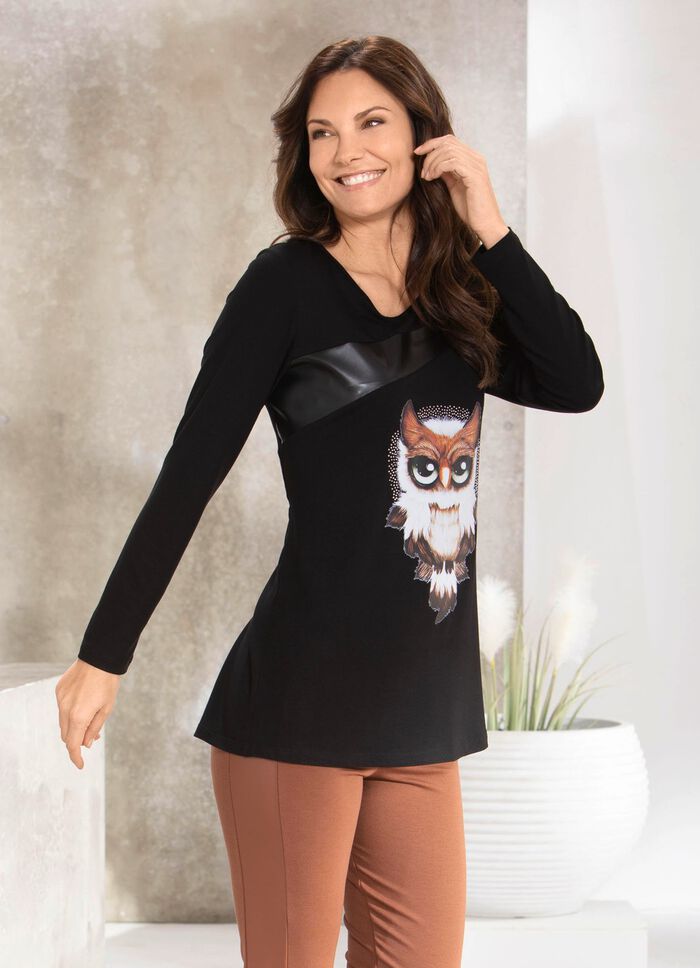 Shirt mit schwarzem Nappaleder-Imitat-Einsatz in 2 Farben SCHWARZ