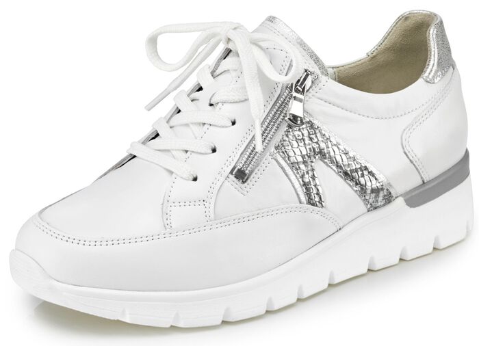 Waldl&auml;ufer Schn&uuml;rschuh aus interessantem Materialmix WEISS-ALTSILBER